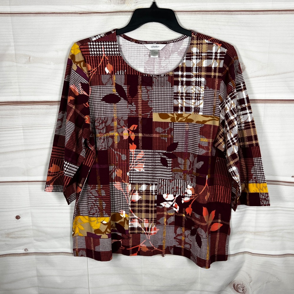 CJ Banks Mixed Plaid Floral Top Women 1X Multicolor Multi Pattern 3/4 Sleeve Tee